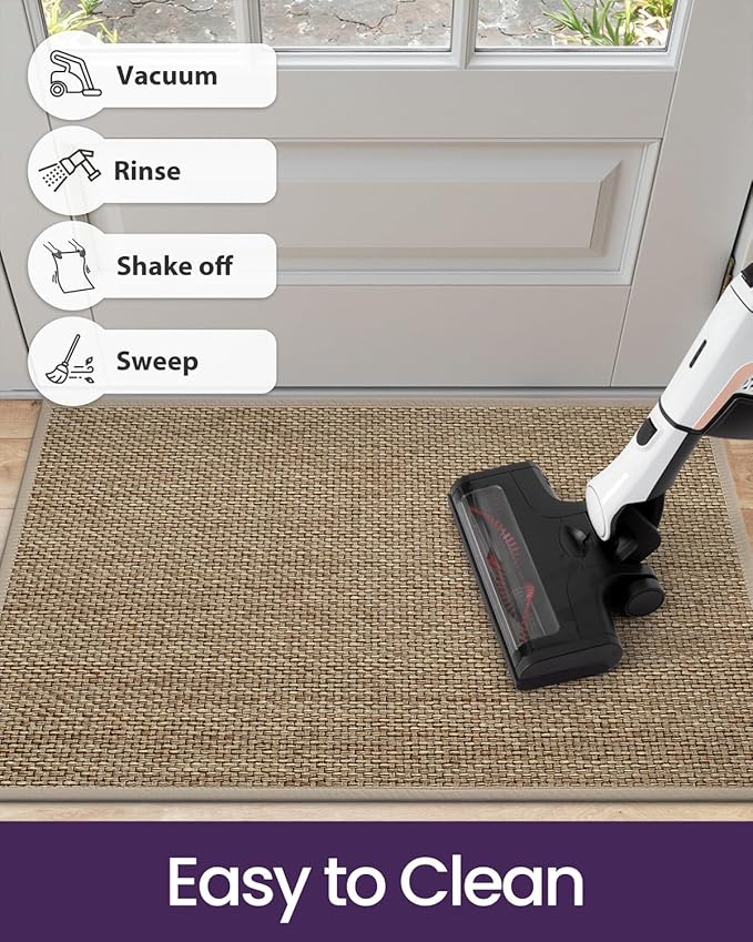 DEXI Ultra Thin Entryway Door Mat 17x30, Non Slip Rubber Backing Inside Entry Mat, Low Profile Easy Clean Dirt Trapper Doormat for Inside Entrance Patio, Beige
