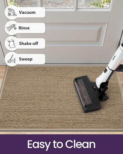 DEXI Ultra Thin Entryway Door Mat 17x30, Non Slip Rubber Backing Inside Entry Mat, Low Profile Easy Clean Dirt Trapper Doormat for Inside Entrance Patio, Beige