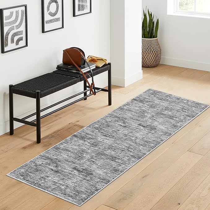 RUGSREAL Hallway Runner Rug 2.5x10 Long Kitchen Rug with Rubber Backing Low Pile Stain Resistant Entryway Carpet Washable Modern Solid Color Runner for Living Room Bedroom, Ivory/Grey