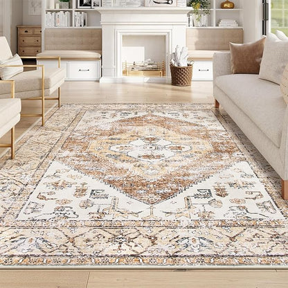 Lahome 9x12 Area Rugs for Living Room - Boho Non-Slip Washable Carpet Ultra-Thin Large Rug Lightweight Throw Foldable Dining Room Mat，Farmhouse Neutral Print Carpet for Bedroom Guest Room (Taupe)