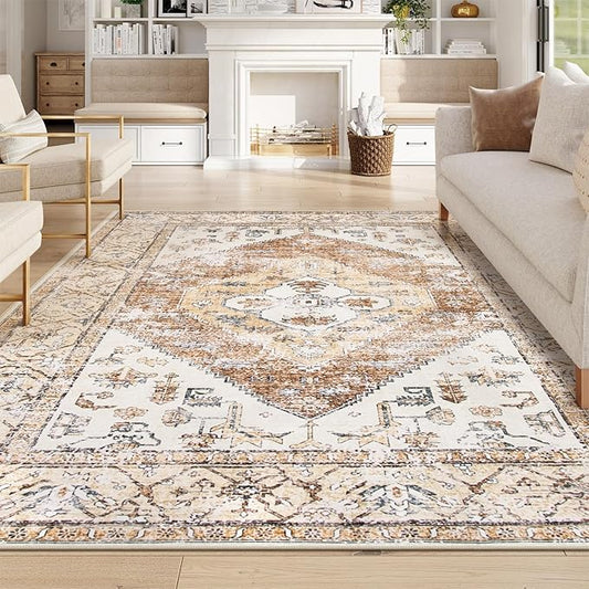 Lahome 9x12 Area Rugs for Living Room - Boho Non-Slip Washable Carpet Ultra-Thin Large Rug Lightweight Throw Foldable Dining Room Mat，Farmhouse Neutral Print Carpet for Bedroom Guest Room (Taupe)