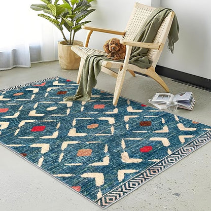 KILOCOCO Area Rug 3'x5' Rug for Entryway Washable Printed Bedroom Rugs Non Slip Boho Low-Pile Soft Rugs for Kitchen Dining Geometric Moroccan Carpet, Teal/Blue