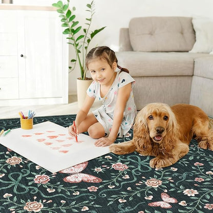 GarveeHome 8x10 Area Rugs for Living Room Washable Rugs Non Slip Stain Resistant Bedroom Floral Rugs Low Pile Soft Dining Room Throw Carpet Black Bow Large Carpet for Home Office Decor, 8x10