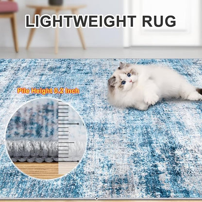 Area Rugs Living Room Rug - 4x6 Washable Modern Abstract Soft Neutral Non-Slip Carpet Large Indoor Floor Thin Carpets for Bedroom Dining Room Farmhouse Nursery Home Office Blue Grey