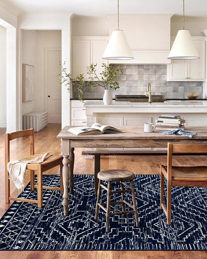 Wonnitar Moroccan Washable 9x12 Rug, Large Blue Rugs for Bedroom, Non-Slip Soft Living Room Area Rug, Boho Non-Shedding Ultra-Thin Floor Carpet for Dining Guest Room Home Office (Blue,9'x12')