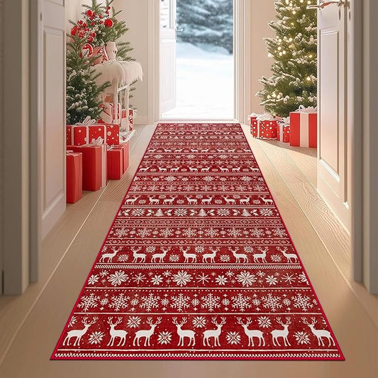 Christmas Runner Rug 2x6 Washable Rugs, Boho Christmas Tree Snowflake Rug Non-Slip Soft Low Pile Non Shedding Indoor Holiday Decor Carpet for Bedroom Bathroom Laundry Staircase Foyer (Xmas Red, 2'x6')
