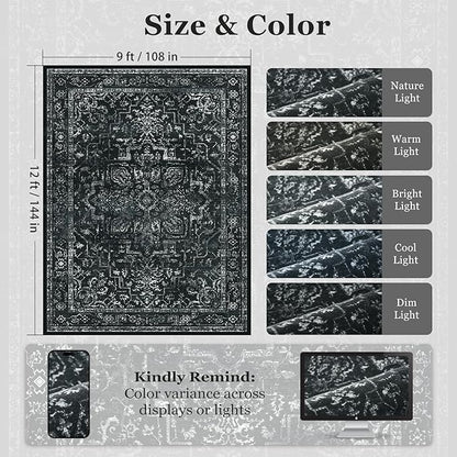 Dark Distressed Washable Area Rugs 9x12 Living Room, Black Vintage Medallion Printed Big Carpet Rugs for Bedroom, Washable Non Slip Low Pile Thin Rugs for Dining Room Home Office