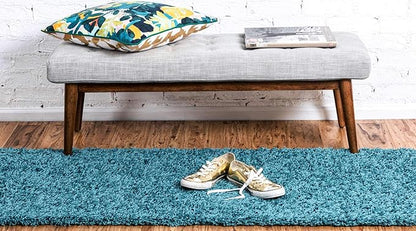Unique Loom Solid Shag Collection Area Rug (2' 6" x 13' 1" Runner, Deep Aqua Blue)