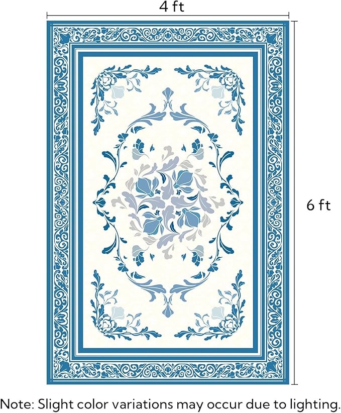 SOULFUL Medium Pile 4x6 Rugs for Living Room - Cozy Soft Underfoot Area Rug - Blue Boho Floral - Washable Non-Slip - Perfect for Bedroom Kids Room Under Dining Table Office