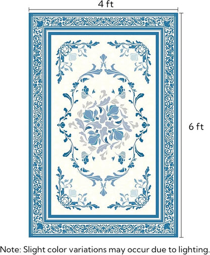 SOULFUL Medium Pile 4x6 Rugs for Living Room - Cozy Soft Underfoot Area Rug - Blue Boho Floral - Washable Non-Slip - Perfect for Bedroom Kids Room Under Dining Table Office