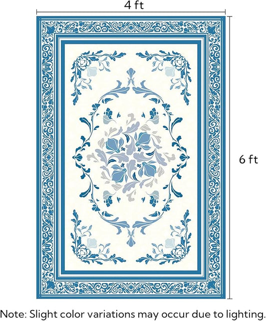 SOULFUL Medium Pile 4x6 Rugs for Living Room - Cozy Soft Underfoot Area Rug - Blue Boho Floral - Washable Non-Slip - Perfect for Bedroom Kids Room Under Dining Table Office