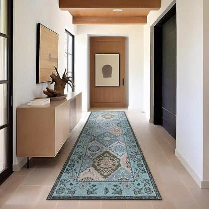 Phantoscope Washable Runner Rug 2'x10' Non-Slip, Vintage Boho Hallway Rugs for Entryway, Stair, Bedroom, Distressed Moroccan Mosaic Diamond Pattern, Low-Pile Foldable Floor Carpet, Blue Teal/Neutral