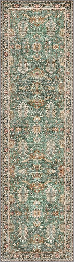 Bavni Runner Rug, Machine Washable Rugs for Bedroom 2x7, Non Slip Boho Rugs with Rubber Backing, Ultra-Thin Folable Rug Runner for Hallways Bathroom, Sage/Gold