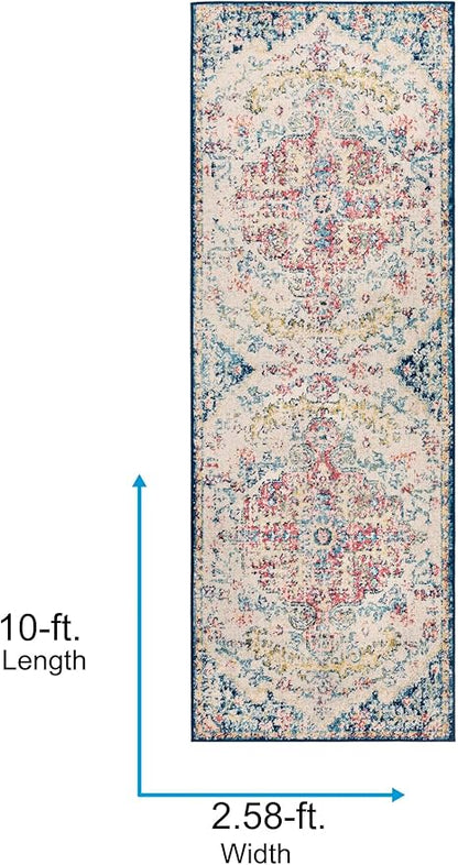 Livabliss Area Rugs - 3x10 Odelia Vintage Boho Aqua Burgandy Blue Runner Area Rug for Living Room Bedroom - Floral Medallion Stain Resistant Carpet for Kitchen, Nursery, Office (2'7" x 10', Runner)