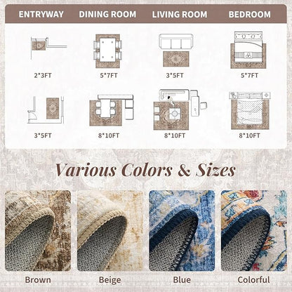 tchdio 8x10 Area Rugs for Living Room, Vintage Non Slip Washable Rug, Soft Low Pile Area Rug Large Floor Indoor Carpet for Bedroom, Dining Room, Office (Brown, 8'x10')