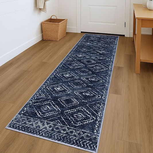 KILOCOCO Hallway Runner Rug 2x7 Runners for Hallways Washable Runner Rug Non Slip Rubber Backed Low-Pile Runners for Bedroom Kitchen Living Room Laundry Room Boho Rugs, Dark Blue