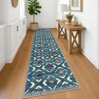 KILOCOCO Hallway Runner Rug 2.6'x12' Runners for Hallways Washable Runner Soft Non Slip Printed Geometric Low-Pile Rugs Runners for Bedroom Kitchen Living Room Boho Rugs, Teal/Blue