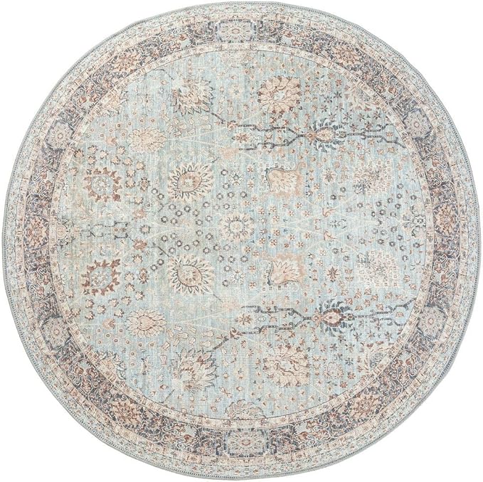 GLN Rugs Traditional Collection - Machine Washable Area Rug, Traditional Washable, Non Slip, Low Pile Chenille Rug, Living Room, Bedroom, Kitchen Rug (5'3" Round Light Blue)