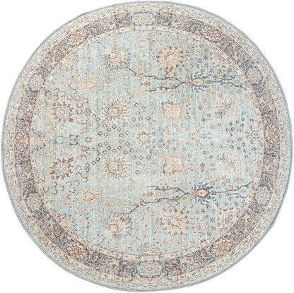 GLN Rugs Traditional Collection - Machine Washable Area Rug, Traditional Washable, Non Slip, Low Pile Chenille Rug, Living Room, Bedroom, Kitchen Rug (5'3" Round Light Blue)