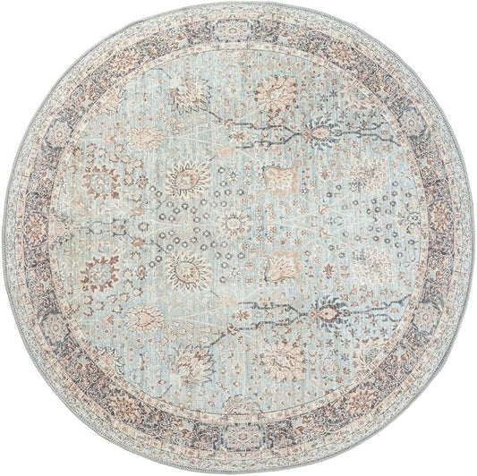 GLN Rugs Traditional Collection - Machine Washable Area Rug, Traditional Washable, Non Slip, Low Pile Chenille Rug, Living Room, Bedroom, Kitchen Rug (5'3" Round Light Blue)