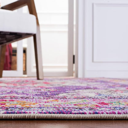 SAFAVIEH Monaco Collection Area Rug - 6'7" Square, Violet & Fuchsia, Boho Chic Medallion Distressed Design, Non-Shedding & Easy Care, Ideal for High Traffic Areas in Living Room, Bedroom (MNC243P)