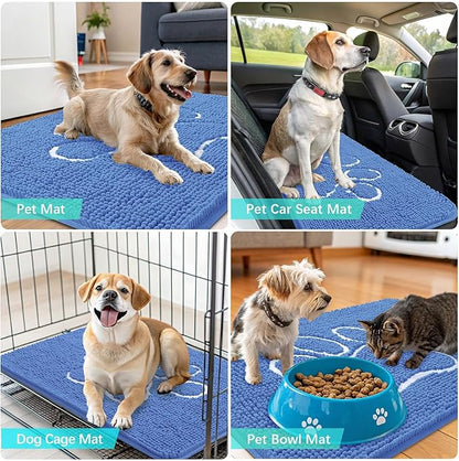 OLANLY Dog Door Mat for Muddy Paws 36x24, Paw Print Design, Absorbs Moisture and Dirt, Absorbent Non-Slip Washable Doormat, Quick Dry Chenille Mud Mat, Entry Indoor Entryway Carpet, Cornflower Blue