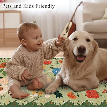 U'Artlines Indoor Door Mat Entrance Rug 2'x3'Soft Non Slip Machine Washable Floral Small Area Rug Carpet for Entryway Kitchen Bathroom Bedroom Green