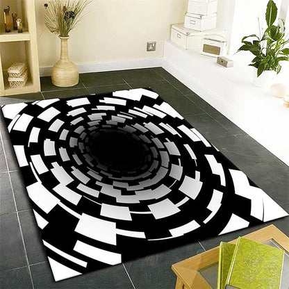 3D Illusion Swirl Area Rugs, 8x10ft, Modern Abstract Grid Black Hole Living Room Carpet, Geometric Black White Check Washable Carpets, Ultra Soft Cozy Shed Resistant Mat for Indoor