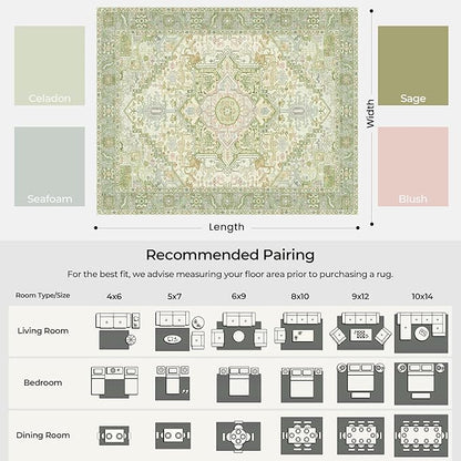 Kokia 9x12 Washable Sage Green Area Rugs with Vintage Orient Design, Soft Rug for Living Room or Bedroom, Non-Slip Low Pile Stain Resistance Features, Distressed Medallion Pattern