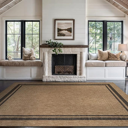 Beverly Rug Easy Jute Bordered Rug 10x14 Washable Large Indoor Outdoor Area Rugs for Living Dining Room Patio Office Stain Resistant Non Shedding Casual Indoor Outside Carpet 10 x 14 Natural
