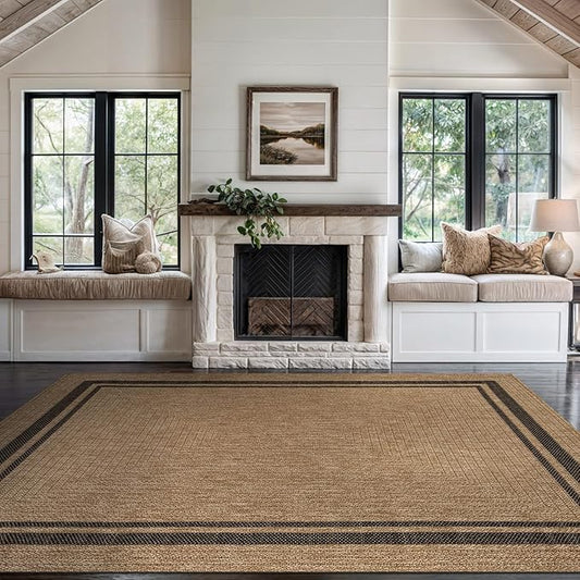 Beverly Rug Easy Jute Bordered Rug 10x14 Washable Large Indoor Outdoor Area Rugs for Living Dining Room Patio Office Stain Resistant Non Shedding Casual Indoor Outside Carpet 10 x 14 Natural