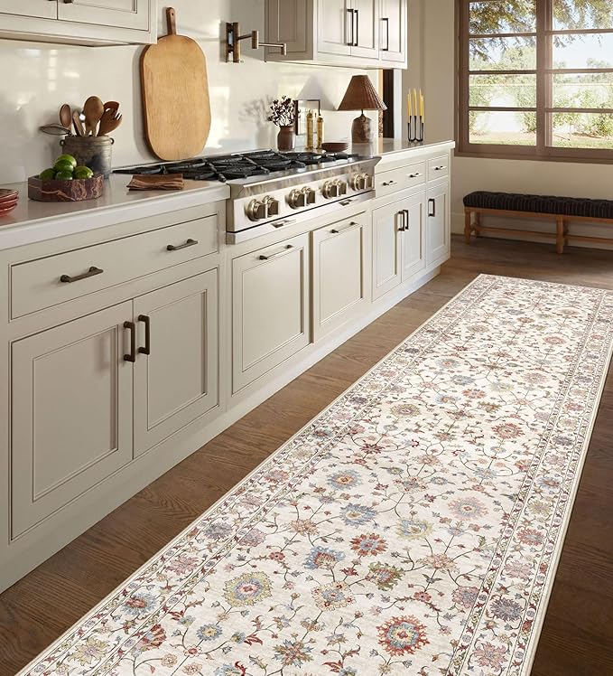 Runner Rugs for Hallway 2.5x10ft - Long Non-Slip Cream Colorful Washable Boho Runner Rug Low Pile Soft Vintage Bohemian Traditional Floral Carpet for Kitchen Living Room Entryway Bedroom Foyer