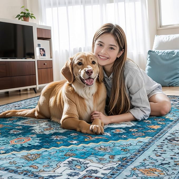 Tangsoo 5x7 Area Rug Washable Rugs for Living Room, Vintage Indoor Non Slip Large Area Rugs, Print Carpet, Soft Low Pile Rug Foldable Floor Rug for Bedroom Dining Room Dorm Blue