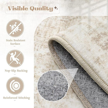 Area Rug 10x14 Washable Rug, Vintage Boho Medallion Rugs Non-Slip Soft Low Pile Large Distressed Rug Indoor Retro Carpet for Living Room Bedroom Dining Room Home Office (Beige, 10'x14')