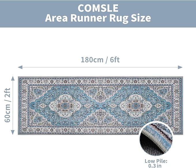COMSLE Boho Runner Rug, 2x6 Washable Rugs for Hallway Faux Wool Small Throw Rug Distressed Kitchen Area Rug Non-Slip Laundry Room Rug Carpet Runner for Entryway Indoor Bedroom (Light Blue)