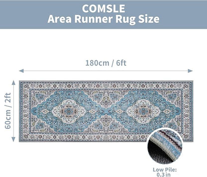 COMSLE Boho Runner Rug, 2x6 Washable Rugs for Hallway Faux Wool Small Throw Rug Distressed Kitchen Area Rug Non-Slip Laundry Room Rug Carpet Runner for Entryway Indoor Bedroom (Light Blue)
