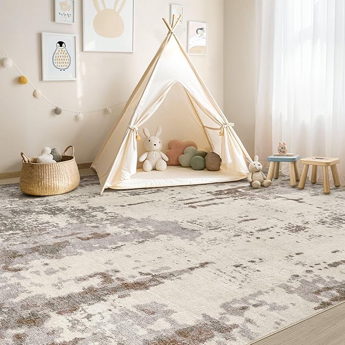 10x12 Area Rug Living Room Rugs - Washable Neutral Modern Abstract Soft Thin Rug Indoor Floor No Slip Rug Carpet for Bedroom Under Dining Table Home Office Decor - Brown/Grey/Beige