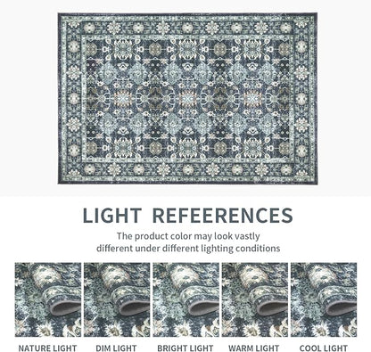 Washable 9×12 Area Rug for Living Room, Vintage Floral Rug Soft Non Slip Stain Resistant Boho Carpet for Indoor Bedroom Dinning Room Home Office Blue/Navy
