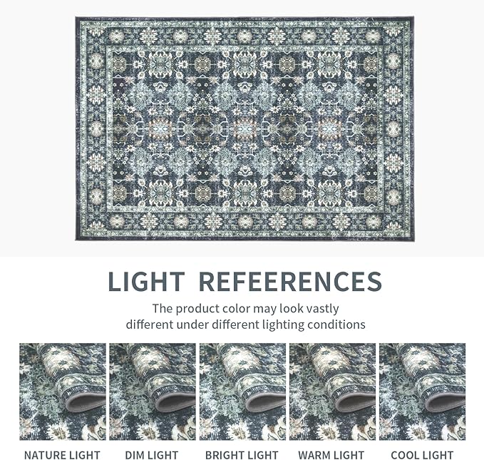 Washable 8×10 Area Rug for Living Room, Vintage Floral Rug Soft Non Slip Stain Resistant Boho Carpet for Indoor Bedroom Dinning Room Home Office Blue/Navy