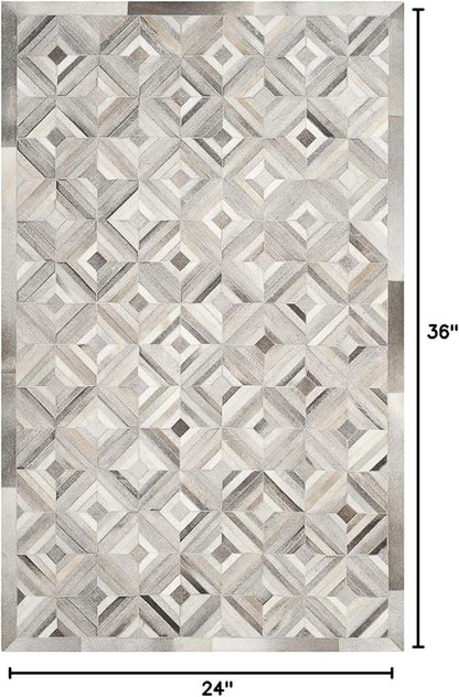 Premium Diamond Pattern Leather Area Rug, Geometric Cowhide Patchwork Carpet - 2X3 ft, Luxury Beige and Grey Non-Slip Floor Accent for Dining Room, Living Room, Hallway