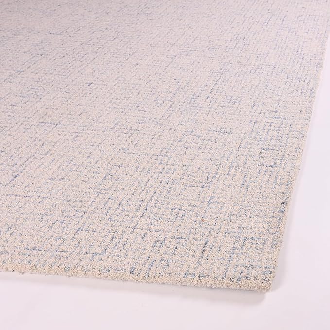 Hand-Tufted 100% Wool Pile Area Rug – Geometric Textured Grid Check Pattern – Thick and Durable Floor Carpet for Bedroom, Living Room, Kids Room, and Dining Area (Ivory Blue, 7' x 10')