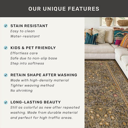 Washable Living Room Rug 10x12 - Brown Oriental Area Rug for Dining Room Under Table, Low Pile Non-Slip Floor Decor for Bedroom Under Bed - Vintage Earthy Design & Stain Resistance