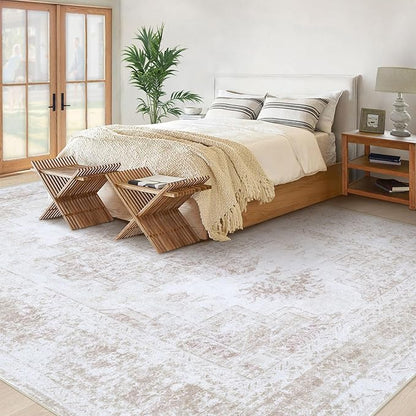Area Rug 10x14 Living Room Rug, Machine Washable Vintage Distressed Medallion Rug Non-Slip Soft Low Pile Large Indoor Rugs for Bedroom Kitchen Dining Room Office(Beige,10'x14')