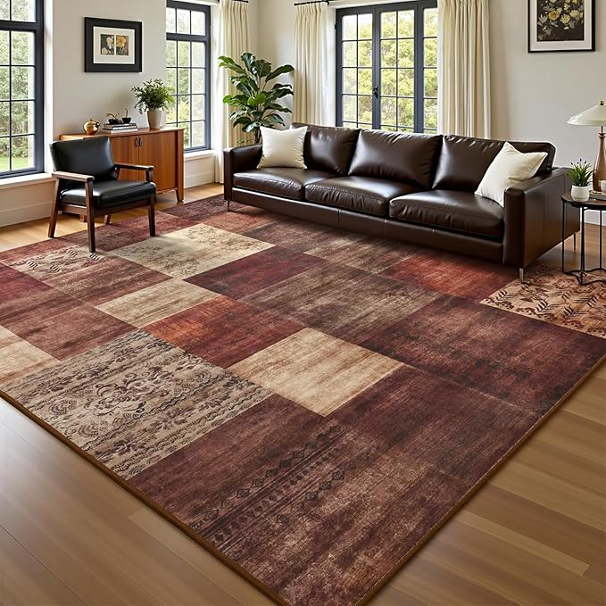 DweIke Large Modern Washable Area Rugs 8x10, Living Room Rug Non-Slip and Non-Shedding Large Rugs for Bedroom, Low Pile Indoor Rubber Backed Carpets for Dining Office Home Decor, Red