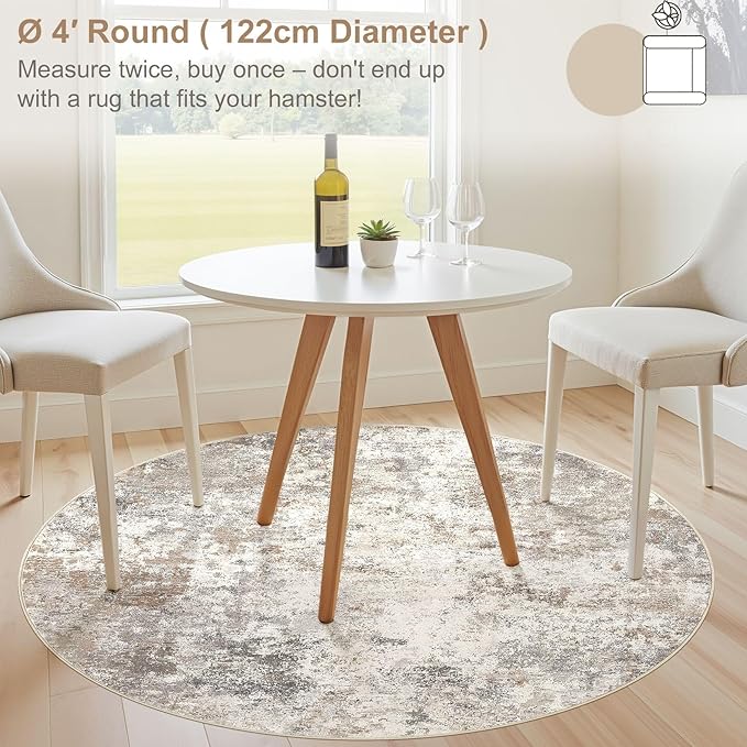 4ft Round Area Rug Living Room Rugs - 4x4 Washable Neutral Modern Abstract Soft Thin Rug Indoor Floor No Slip Rug Carpet for Bedroom Under Dining Table Home Office Decor - Brown Grey