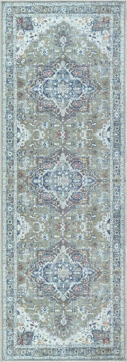 Bloom Rugs Washable Non-Slip 10 ft Runner - Green/Blue Traditional Medallion Runner for Entryway, Hallway, Bathroom, and Kitchen - Exact Size: 2.5' x 10'