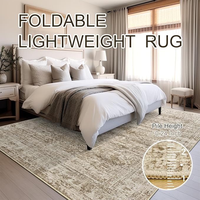 5x7 Area Rugs Brown Low Pile Indoor Washable Trendy Faded Style Rugs for Bedroom Living Room Dining Room Foldable Non-Slip Thin Print Mat