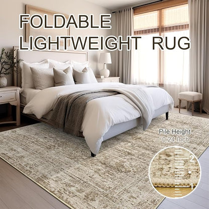 9x12 Area Rugs for Living Room, Non Slip Machine Washable Vintage Rugs, Low Pile Lightweight Large Rug for Bedroom, Dining Room, Home Office Brown