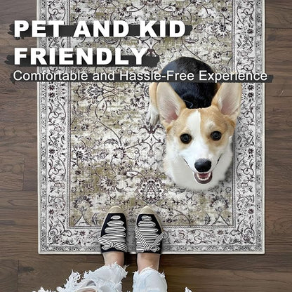 KILOCOCO Hallway Runner 2.6x14 Runner Rug Printed Vintage Floral Washable Rugs Kitchen Runners Soft Non-Slip Low Pile Rubber Backed Runners for Laundry Room Distressed Boho Rugs, Mossy Taupe