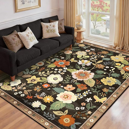 Floral 6x9 Area Rug Machine Washable Soft Print Boho Carpet Non Slip Doormat Low Pile Flower Area Rugs for Living Room Bedroom Nursery Kitchen Dining Room Indoor-Black/Yellow/Red